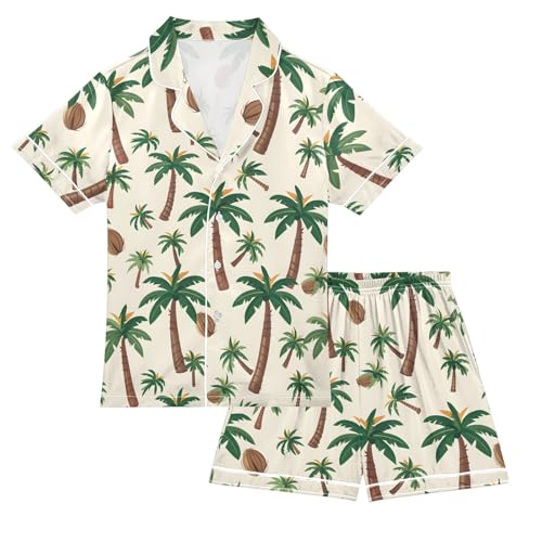 ALAZA Coconut Tree Fruit Satin Pajamas Set Short Sleeve Button Down Sleepwear Summer Pjs 2 Piece
