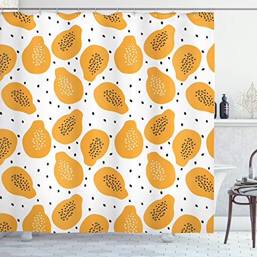 ABAKUHAUS Sommer-Orange Duschvorhang, Papaya & Samen Kunst, Stoffliches Gewebe Badezimmerdekorationsset mit Haken, 175 x 180 cm, Pale Orange Schwarz