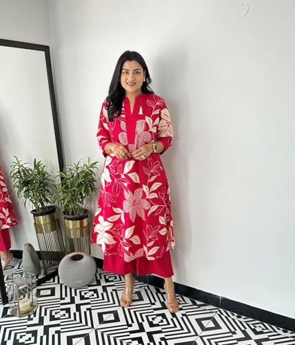 Image of Yashika Women's Floral Printed Cotton Blend 3 /4th Sleeve Knee Length V-Neck Kurta and Palazzo Set for Women