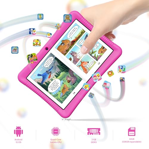 Image of Contixo K102 10 inch Kids Tablet Bundle - Wireless Kids Headphones, 32GB, Learning Educational Apps, Parental Controls, Dual Cameras, Shockproof Case with Kickstand & Stylus, Ages 3-7 - Pink