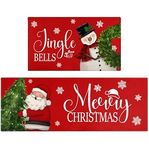Xsinufn Merry Christmas Kitchen Rugs and Mats Set of 2,Red Snowman Wreath Santa Claus Tree Xmas Winter Holiday Sink Floor Mat Non Skid Washable for Home Farmhouse Christmas Decor 17"x47"+17"x30" Cover