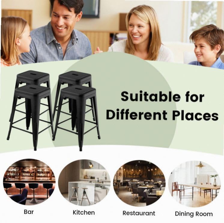Image of Black 24 Inch Tolix Style Stackable Bar Stool Set 4-Piece Powder-Coated Metal Chairs 330lb Non-Slip X-Frame