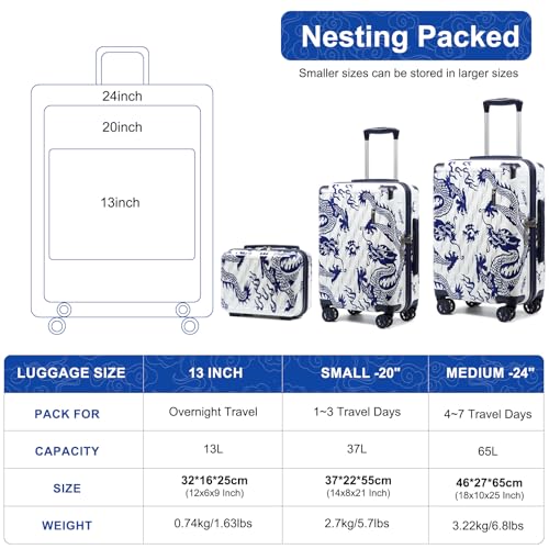 Somago 3 Piece Luggage Sets Lightweight PC+ABS Hardshell Travel Suitcase with Spinner Wheels TSA Lock YKK Zippers Corner Protection Loong Cultural Design(13"/20"/24", White)4