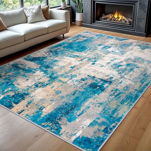 KOZYFLY Modern Abstract Area Rugs 8x10 Turquoise/Beige/Grey Machine Washable Thin Rug for Bedroom Non-Slip Living Room Rug, Faux Wool Soft Low Pile Carpet for Dining Room, Bedroom, Kitchen Bathroom
