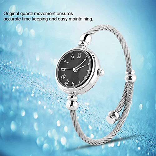 ساعة كوارتز فاخرة للنساء بسوار كيبل فضي مفتوح ومقاس صغير