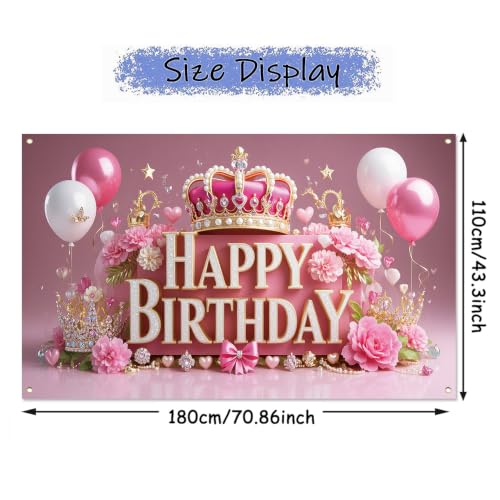 Image of Pink Happy Birthday Banner Backdrop for Wonen Girl | 71x43.3inch Pink Crown Theme Banner; Polyester Fabric; Reusable; Ideal Photo Decor for Girls & Women Birthday Parties