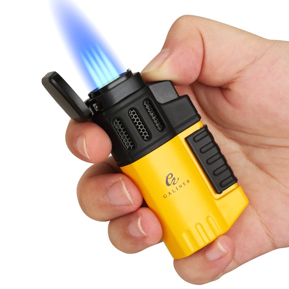 Galiner Yellow Torch Lighter 4 Jet Flame Refillable Butane Cigar Lighter Windproof Lighter with Cigar Punch Butane Not Included Gift Box for Man