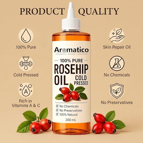 Image of AROMATICO Cold Pressed Rosehip Oil for Skin - Anti-Ageing Face Oil for Dark Spots, Wrinkles & Skin Glow | Rosehip Oil for Hair Nourishment | 200ml