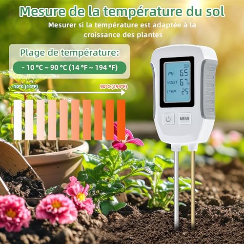 Mcbazel Testeur de Sol ph 3 en 1, Détecteur de Test de Sol Acide-Base, Mesure de Température et d'Humidité avec Affichage LCD Rétroéclairé Compatible avec Le Jardinage/Plantes en Pot/Ferme – Image 5