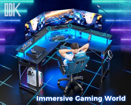 ODK 51 L-Shaped Gaming Desk with LED Lights, Power Outlets, Monitor Stand, Cup Holder, and Hooks - Black Carbon Fiber