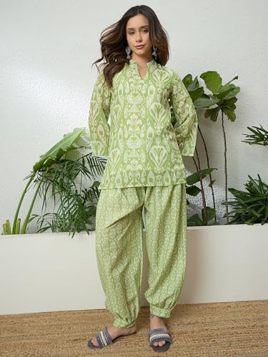 Image of EthnicJunction Women's Linen Floral Print Summer Wear Straight Short Kurti with Afghani Pant Set | Co Ord Set for Women Stylish | Fusion wear Women