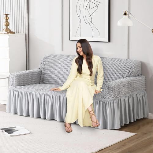 HOKIPO 280 GSM Elastic Stretchable Bubble Sofa Cover with Frill f...