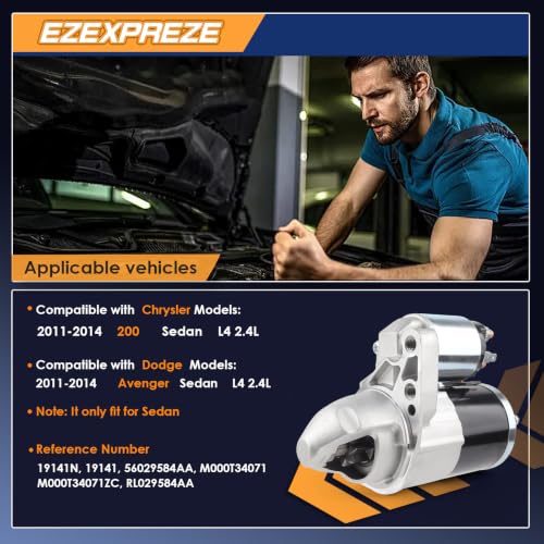 Image of Ezexpreze 19141 Starter for Chrysler 200 2011-2014 2.4L, Dodge Avenger 2011-2014 L4 2.4L, 12V 1.2KW 8 Teeth Clockwise, Replace# 56029584AA