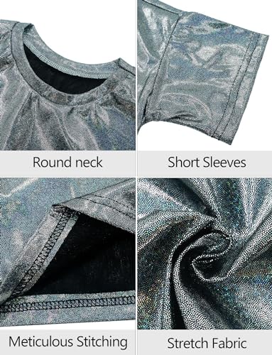 Image of Happy Cherry 2Pcs Kids Girls Shiny Metallic Short Sleeve Crop Top with Pleated Skirt Set Dancewear Performance Costumes