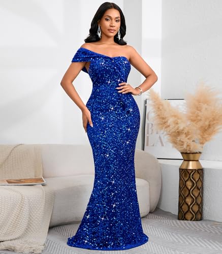 Image of Cololura Women Sexy Sequin One Shoulder Mermaid Formal Party Cocktail Gowns Bodycon Evening Maxi Dress