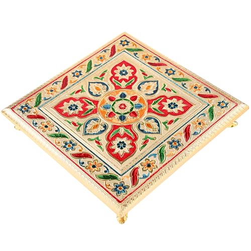 Image of CHEADLE Handcrafted Wooden Pooja Chowki, Multicolor, 12x12 inch