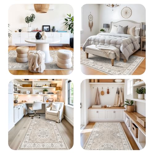 4x10 Hallway Wide Runner Rug: Washable Oriental Soft Area Rug for Living Room Bedroom Stain Resistant Low Pile Carpet for Entryway Ktichen Thin Non Slip Floor Mat for Bathroom Dining Room(Beige,4x10)