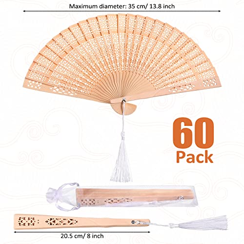 60 Pieces Wooden Fans Hand Held Folding Fans Vintage Chinese Fans Hollow Pattern With White Tassel And Gift Bag For Wedding Guest, Bridal Shower, Birthday Gift, Party Favors And Home Decorations #TOP1