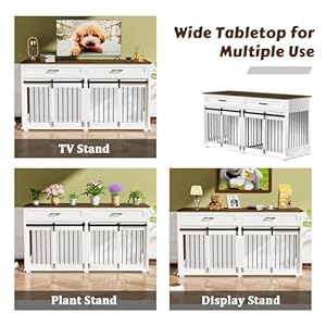 Mupater Large Dog Crate Furniture for 2 Dogs with Removable Divider Double Wooden Dog Cage Table with 2 Large Drawers  Safety Locks Decorative Indoor Dog Kennel Furniture White  Cucciolini Doodles Mupater large dog crate furniture for 2 dogs with removable divider double wooden dog cage table with 2 large drawers  safety locks decorative indoor dog kennel furniture white   cucciolini doodles