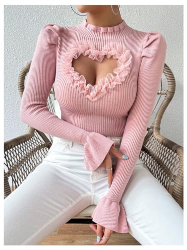 Image of SOLY HUX Women's Long Sleeve Shirts Mesh Heart Cutout Tops Mock Neck Knitted Sweater Pullovers Plain Pink Large