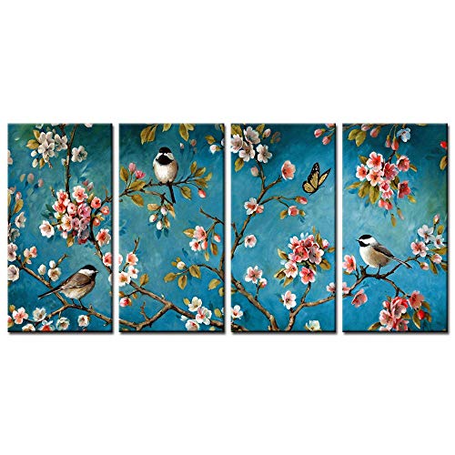 Biuteawal - 4 Piece Birds and Flowers Wall Art Birds on Blossom Tree Pictures Painting on Canvas Blue Turquoise Canvas Prints Artwork for Home Kitchen Living Room Decor Ready to Hang