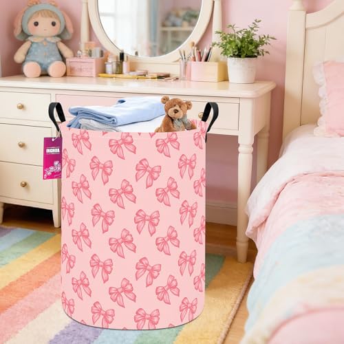 Image of Laundry Hamper Large Canvas Fabric Storage Basket Pink bowknots