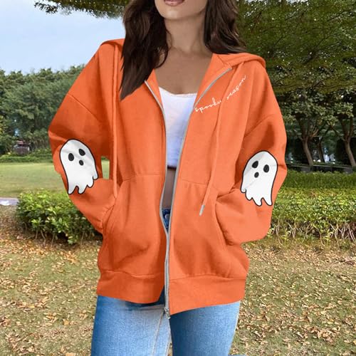 Zip Up Hoodie Women Oversized Halloween Graphic Fleece Jacket with Pockets Funny Ghost Spooky Season Sweatshirt2