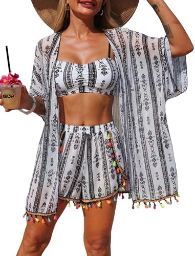 Image of ZAFUL Women 4pcs Ruched Striped Bikini Set High Cut Swimsuit with Sheer Fringed Cover Up Side Slit Shorts