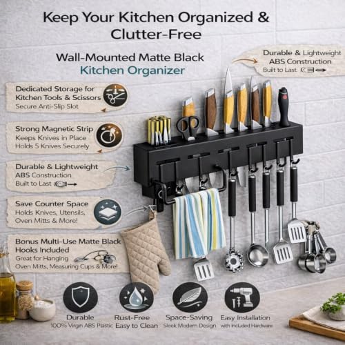 Image of Wall Mounted Kitchen Rack, Knife Holder,Towel Hanger, Cutlery Holder Storage Rack