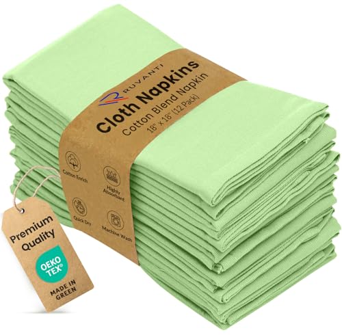 Image of Ruvanti Cloth Napkins Set of 12, 18x18 Inches Napkins Cloth Washable, Soft, Durable, Absorbent, Cotton Blend. Table Dinner Napkins Cloth for Hotel, Lunch, Restaurant, Wedding Parties - Light Green