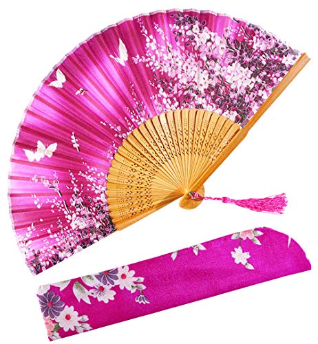 Amajiji Women Hand Held Silk Folding Fans with Bamboo Frame (HF-Ｄ)