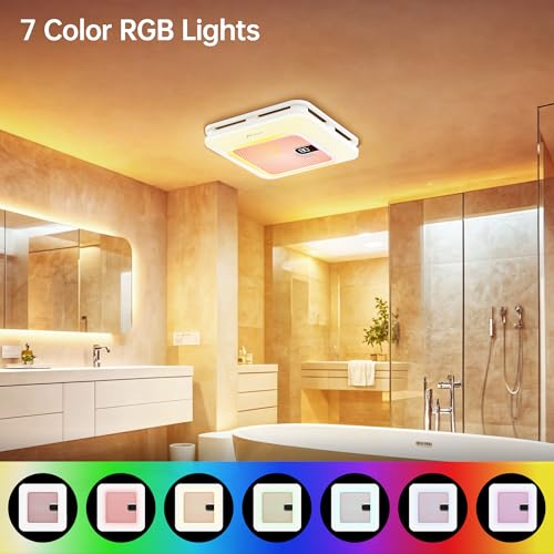 Image of Bathroom Exhaust Fan with Bluetooth Speaker, 230 CFM 1 Sone Exhaust fan with light. 7 RGB 3 Dynamic Light & 3 Color Temperatures (3000-4500-6500K), 11.22 inch x11.22 inch Mount, Remote Control (Pink)