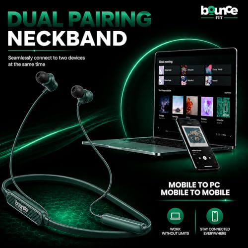 Image of Bouncefit Sonic 144 Bluetooth Wireless Neckband, 35H Continuous Playback Battery, Deep Bass, Stereo Sound, HD Calls, Type C Fast Charging, Rich Audio, Bluetooth Neckband with Mic Earphones (Green)