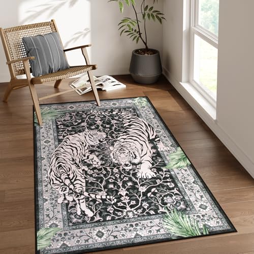 Moynesa Tiger Washable Rugs, 3x5 Entry Area Rugs, Non Slip Vintage Soft Living Room Carpet, Boho Low Pile Stain Resistant Indoor Throw Mat for Kitchen Bedroom Entrance, Black