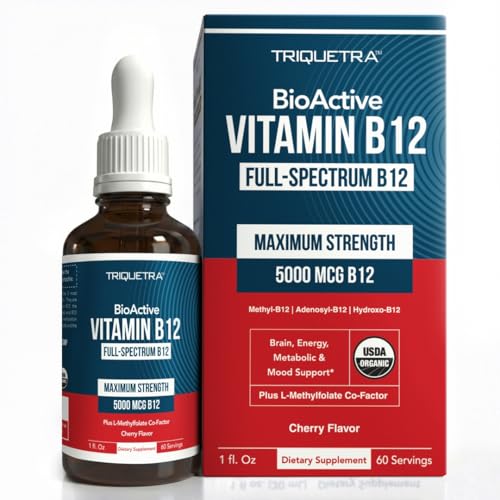 BioActive Vitamin B12 5000 mcg | 3 BioActive Forms Plus Methylfolate Cofactor - Methylcobalamin, Adenosyl & Hydroxy | Sublingual Liquid Drops, Berry Flavor, Organic, Non-GMO, Vegan (1 oz)