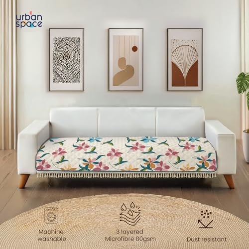 Image of Urban Space 2 Seater Microfiber Quilted Sofa Cover mat with Tassels, Non-Slip Sofa Protector, Easy Care & Machine Washable Cover, Sofa Seat Runner for Couch for Living Space (2 Seater - Bloomingdale)
