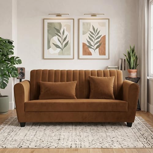 Image of Velvet 2 Seater Sofa, Chesterfield Tufted Sofa with Nailhead Trim, Rolled Arm Sofa with Wood Legs for Living Room & Office (Brown)