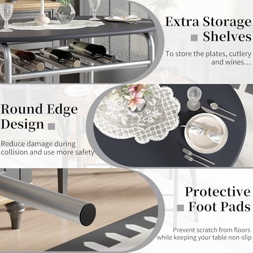 Image of VECELO 3-Piece Dining Table Set for Kitchen Breakfast Nook, Wood Grain Oval Tabletop and Metal Frame with Built-in Wine Rack, for Small Spaces, Black & Silver