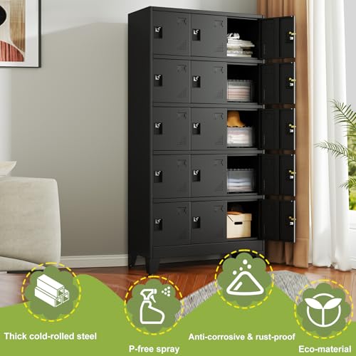 Image of Metal Lockers for Employees, 15 Doors Black Steel Storage Locker Cabinet | Heavy Duty Employee Lockers with Name Card Holders & Ventilation Holes for Office School Gym Garage, Easy Assembly