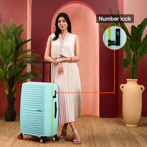 Image of Nasher Miles Cairo Hard-Sided Polypropylene Luggage Set of 3 | 55cm, 65cm & 75cm | 8 Wheels Small, Medium & Large Trolley Bag for Travel | Suitcase (Pastel Green & Neon)