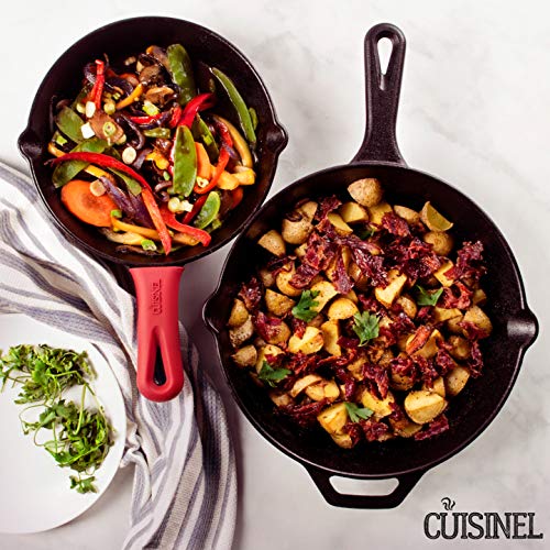 Pre-Seasoned Cast Iron Skillet 2-Piece Set (8-Inch and 10-Inch) Oven Safe Cookware - 2 Heat-Resistant Holders - Indoor and Outdoor Use - Grill, Stovetop, Induction Safe