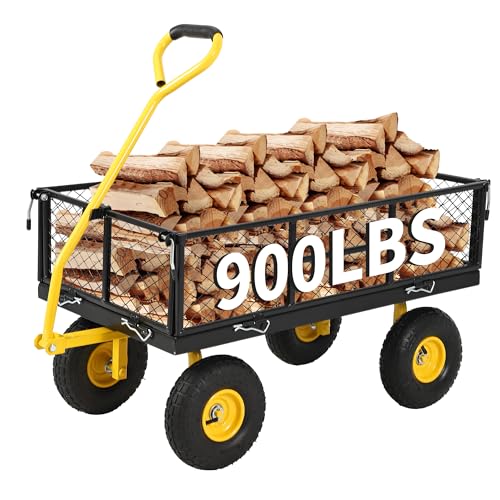 900 Lbs Heavy Duty Steel Garden Cart Garden Wagon Cart on Wheels Outdoor Metal Yard Utility Wagon Carts with and Mesh Removable Sides(Convert to Flatbed) and 180Rotating Handle Black