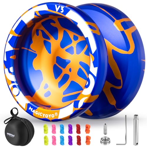 MAGICYOYO V3 Responsive Yoyo for Kids 8-12 , Professional Yoyo for Adult, Dual Purpose Metal Yo-yo with KK Bearing + 12 Yoyos Strings, Bearing Removal, Axle, Yo yo Case (Blue Glod Splash)