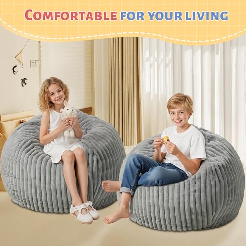 Image of HABUTWAY 2FT Bean Bag Chair, 2' Bean Bag Chairs with Memory Foam Filled, Small Comfy Beanbag Chair with Stripe Plush Cover for Living Room Bedroom Dorm,Grey