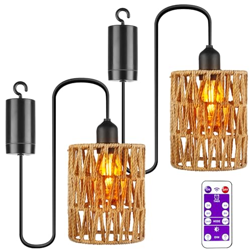 2 lámparas colgantes de ratán, E27, iluminación exterior con batería, pantalla portátil de ratán, para patio, bar, jardín, terraza, salón, dormitorio