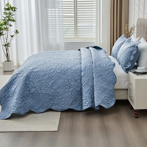 Image of Oversized California King Bedspreads 120x120 for Extra Tall Split Cal King Bed Lightweight Quilted Coverlet Set 3 Pieces 1 Quilt 2 Pillow Shams Faded Denim