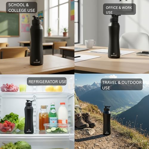 Image of Speedex Stainless Steel Water Bottle 1 Ltr, Leak Proof Sipper Cap, BIS Approved 1000 ml Metal Bottle For Daily, Office, School, Gym, Travel Use for Men, Women, Kids, Adults, Black, Set of 4