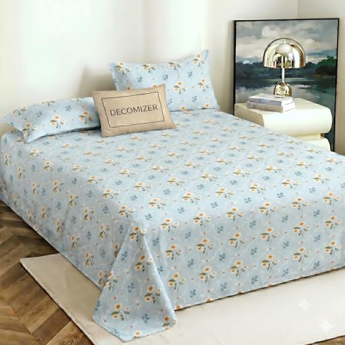 Image of DECOMIZER 240 TC Microfiber Soft Cotton Printed Single Bed Bedsheet for Diwan Bed, Size 60 Inches X 90 Inches, 152 X 230 cm with 1 Large Size Pillow Covers - AquaTriFlower