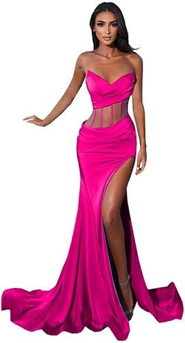 Vestido de fiesta con cuello en V profundo, vestidos de noche largos de sirena para mujer, formal, sexy, con abertura transparente, plisado DR0184