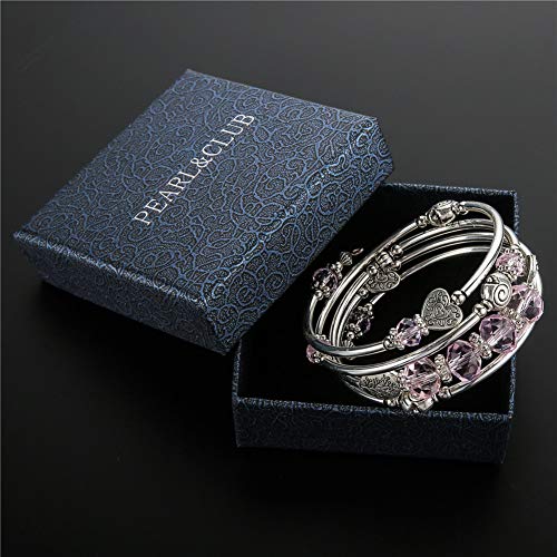 Bead Crystal Wrap Bangle Bracelet - Fashion Jewelry Pearl Bracelet with Silver Metal, Gifts for Women (Pink) - Thumbnail 5